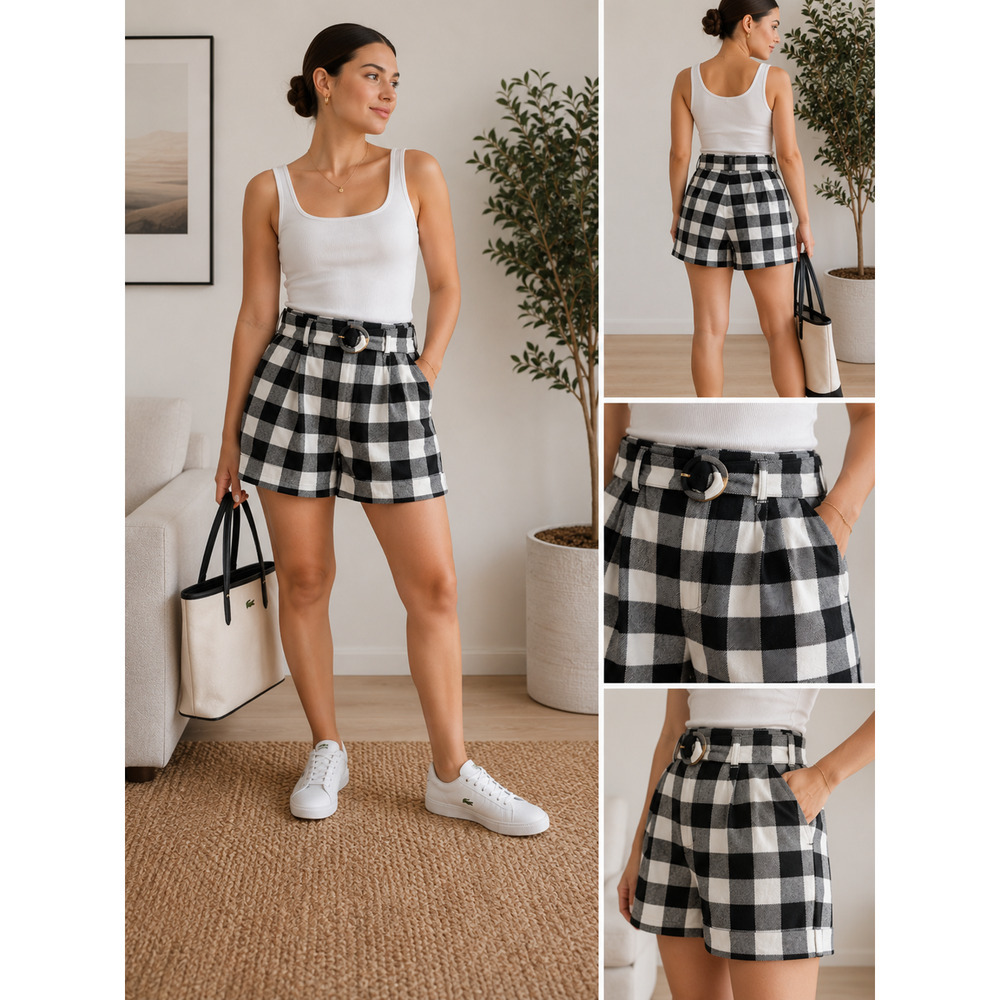Kate Spade New York Black White Gingham Belted Shorts Women’s Size 2 Linen Blend